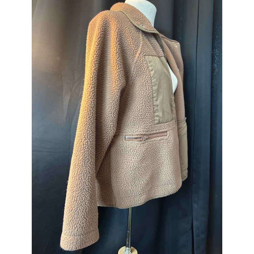 Fashion Tan Brown Sherpa Fleece Jacket Snap Button Front Size M 7078